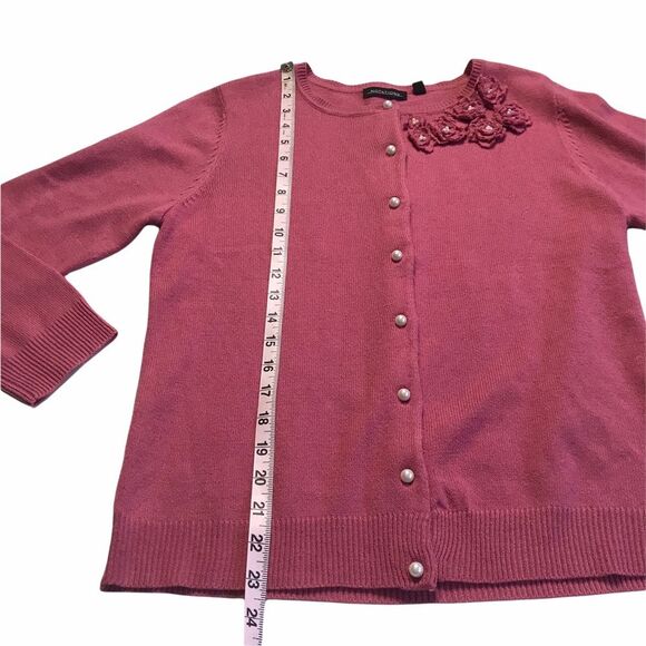 Vintage Pearl Button Floral Rosette Appliqué Rockabilly Cardigan Pink Sz M - Picture 8 of 12
